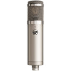 Warm Audio WA-47jr SE condenser microphone with nickel finish, front view showing microphone grille and branding.