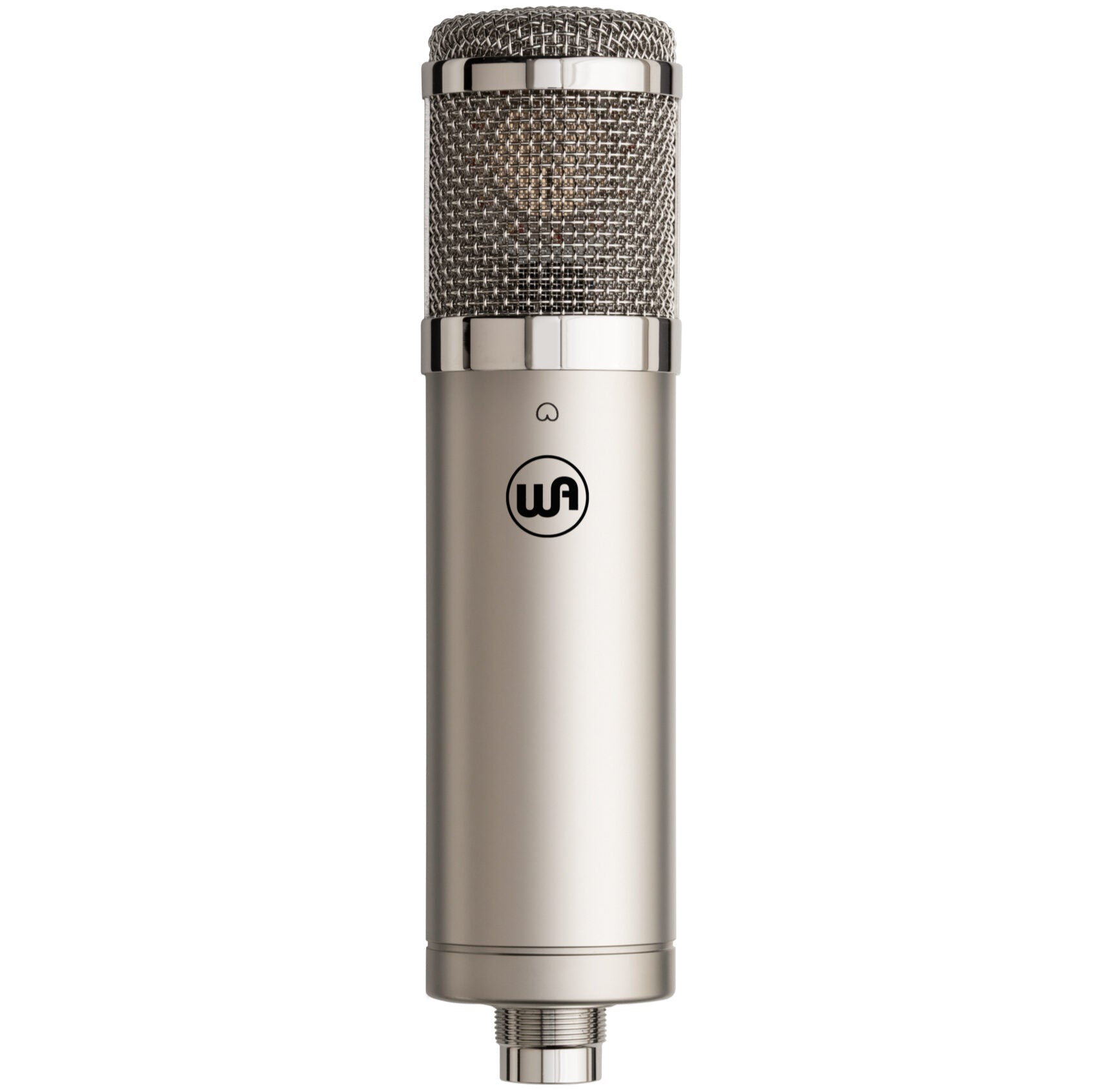 Warm Audio WA-47jr SE condenser microphone with nickel finish, front view showing microphone grille and branding.