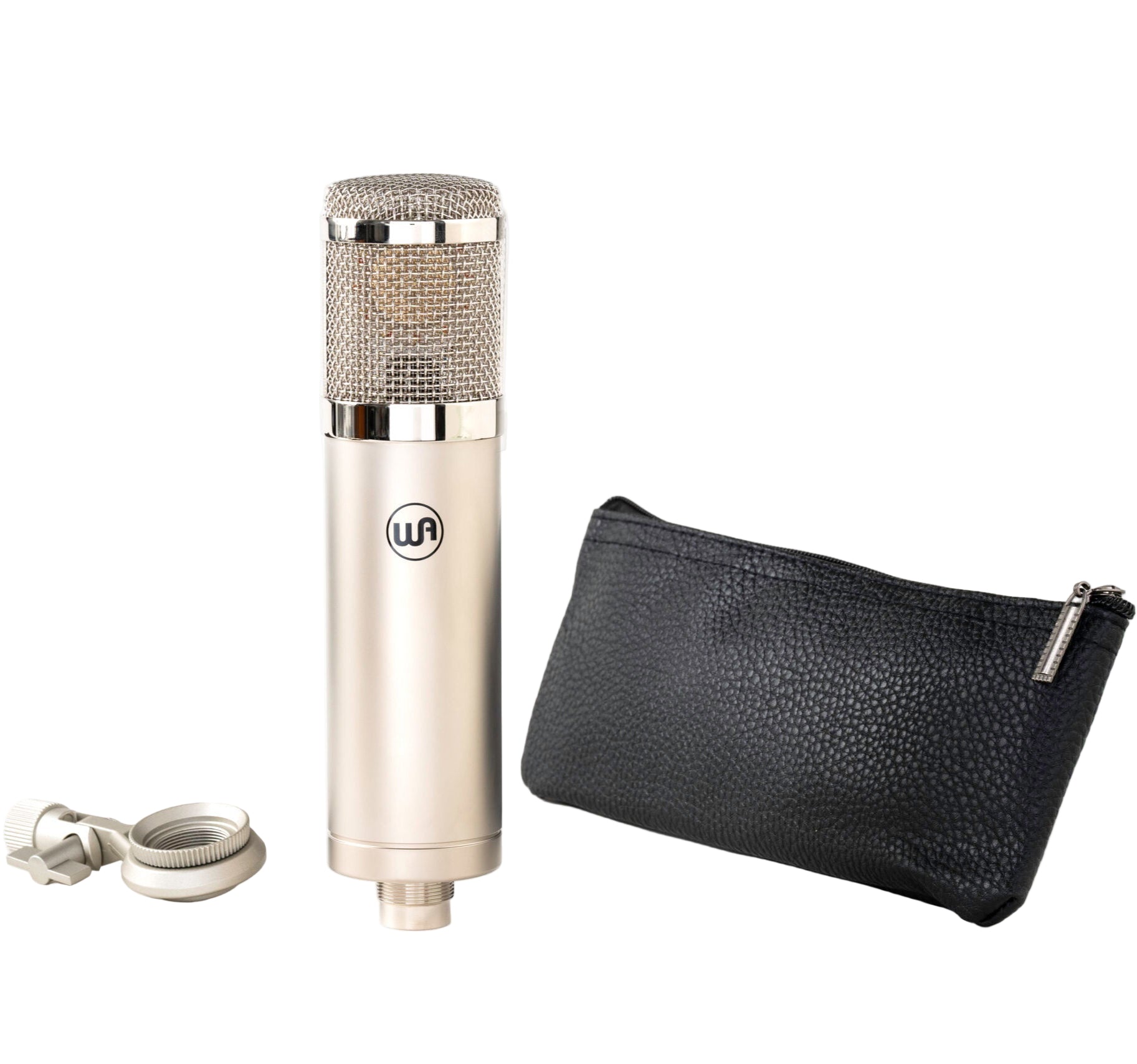 Warm Audio WA-47jr SE condenser microphone with a nickel finish, shown in a group shot highlighting its professional design.