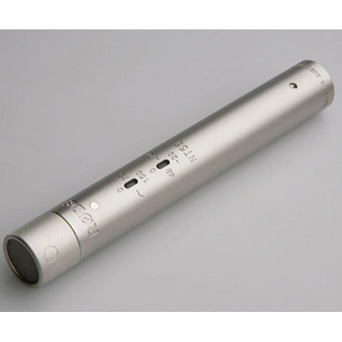 Rode NT55 MP condenser microphone with dual-capsule design and sleek black finish, angled on a stand against a neutral background.