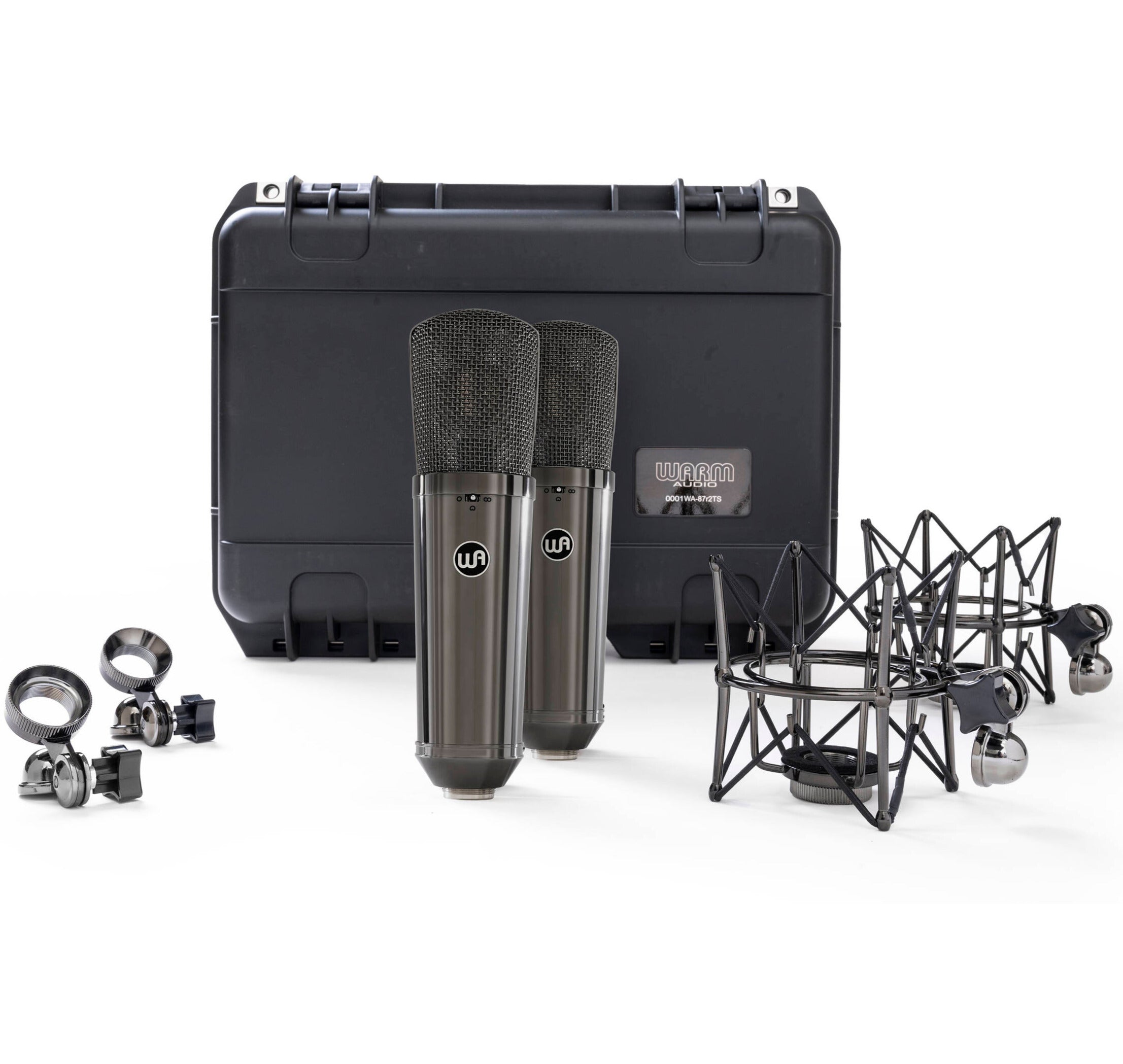 Pair of Warm Audio WA-87 R2 TS stereo condenser microphones with gold capsules and shock mounts, used for studio recording.