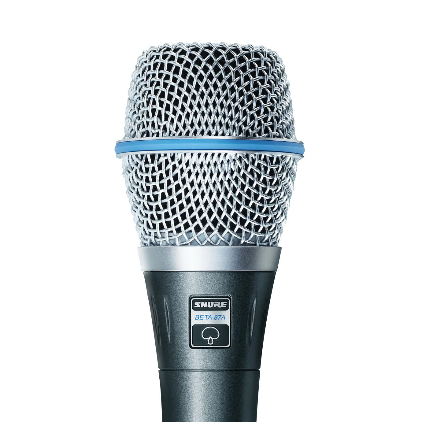 Shure Beta 87A condenser microphone with cardioid capsule, professional audio equipment for vocals and studio use.