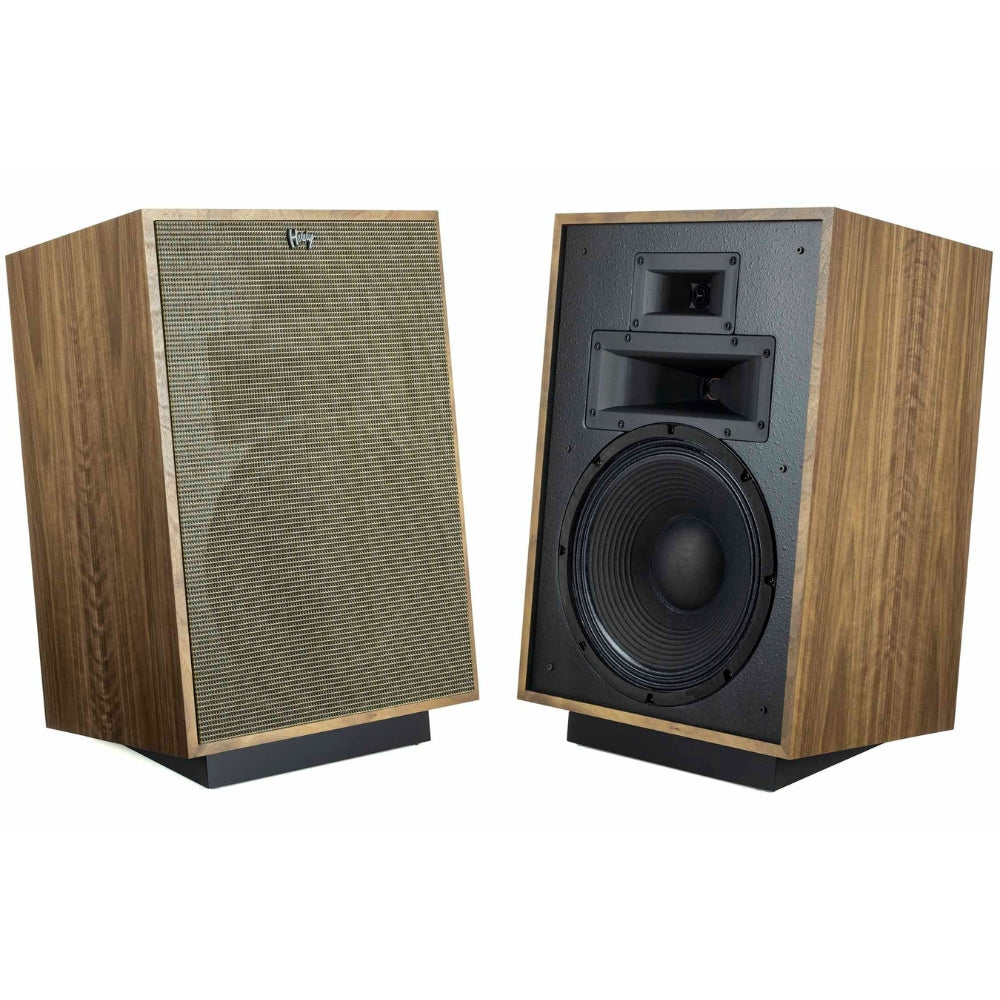 Klipsch Heresy IV floorstanding speakers with black finish and detailed speaker grille, showcasing a sleek audio design.