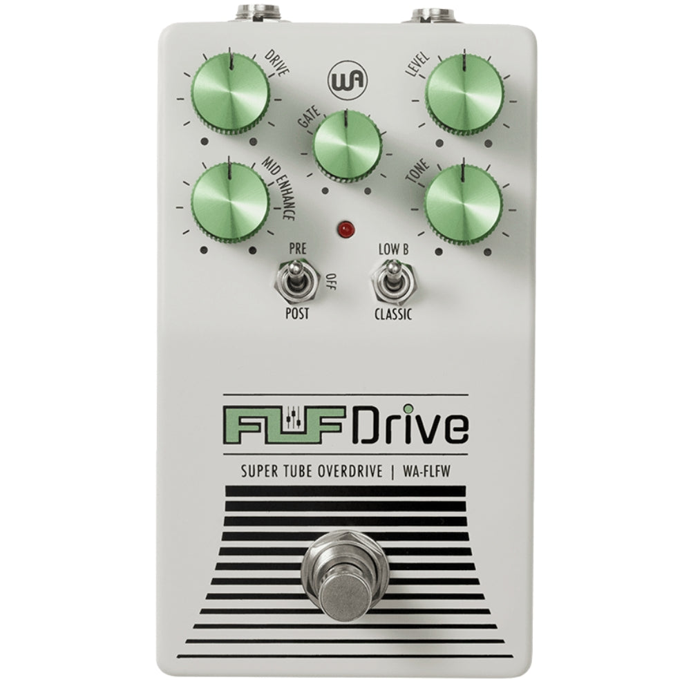 Warm Audio Fluff Drive guitar pedal with control knobs and footswitch, designed to add warm overdrive tones.