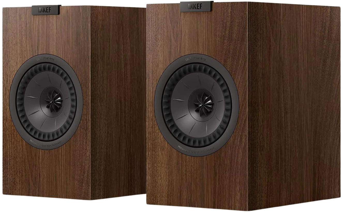 KEF Q1 Meta passive bookshelf speakers with black finish, showcasing compact design and front-facing speaker drivers.