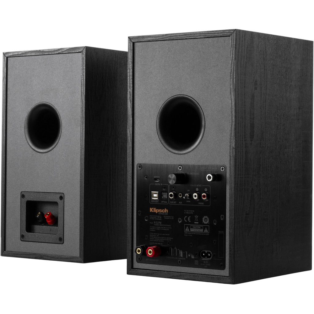 Klipsch R-51PM active bookshelf speakers with black finish, featuring front-facing controls and high-quality audio drivers.
