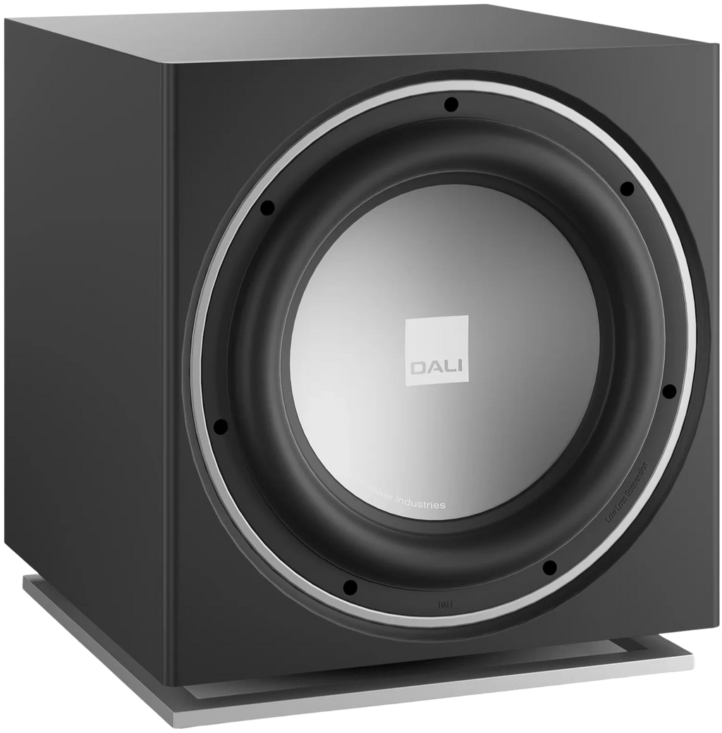 DALI Sub E-12 F subwoofer with sleek black enclosure and driver, designed for powerful bass in home audio systems.