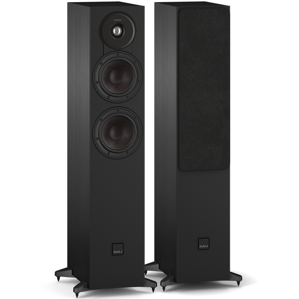 DALI Sonik 5 passive floorstanding speakers with black finish, featuring sleek design and multiple drivers for rich sound.