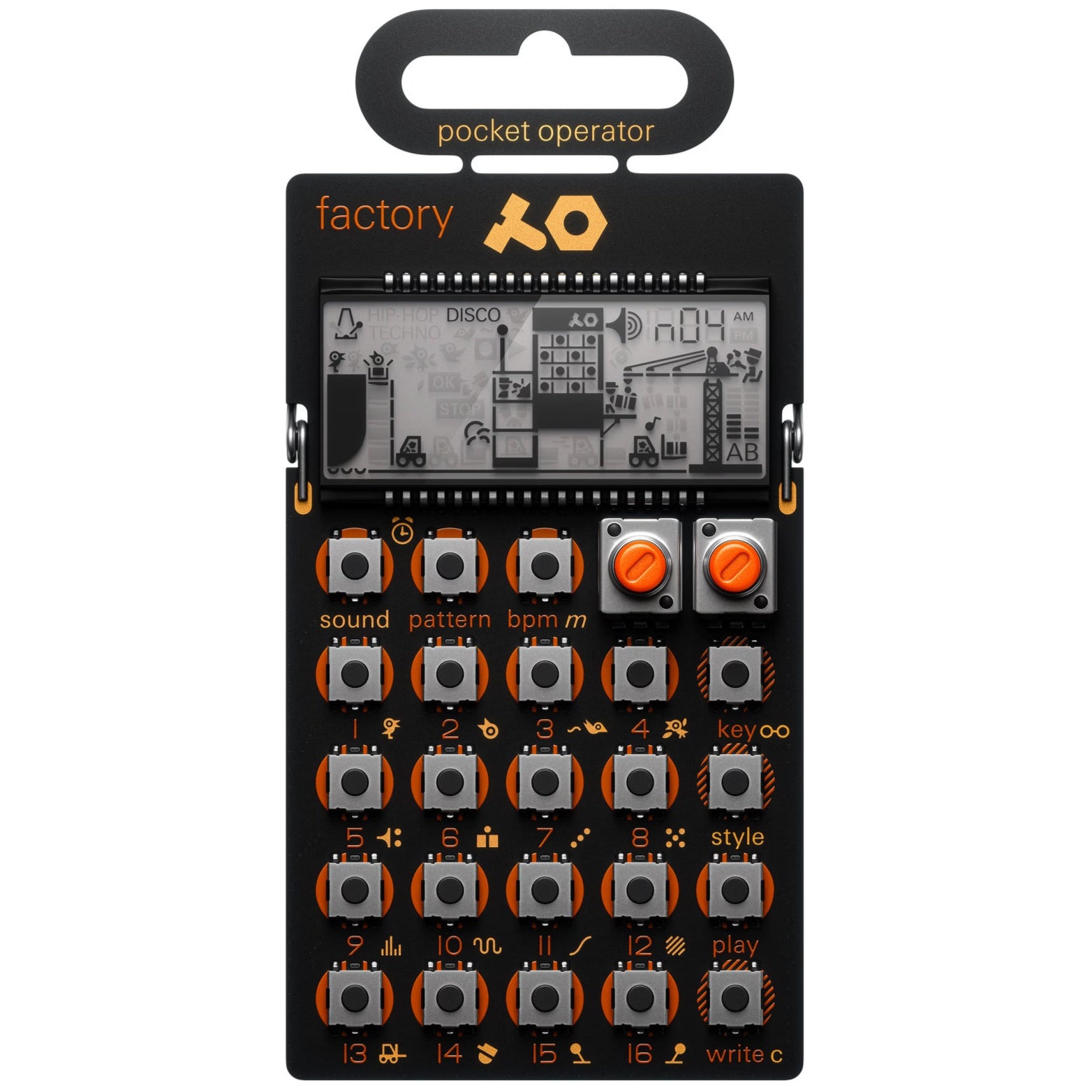 Teenage Engineering PO-16 Factory portable music synthesizer with colorful interface and compact design, gadget for music production.