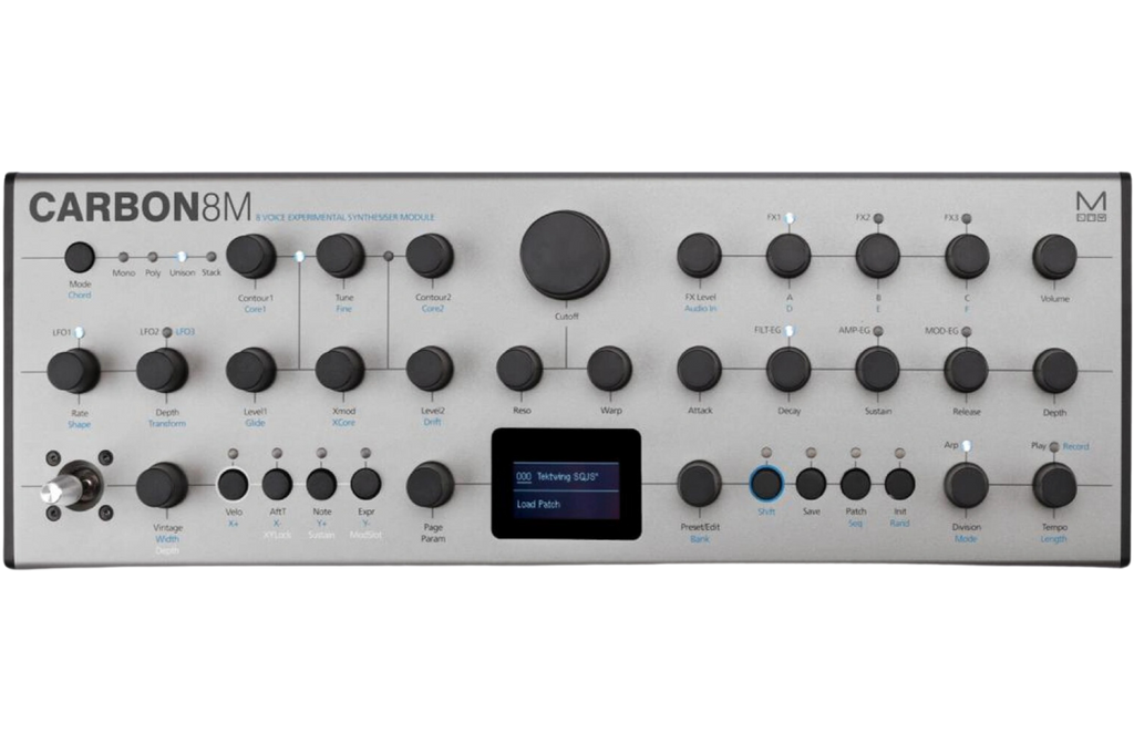 Modal Electronics Carbon8M desktop synthesizer with control knobs, buttons, and display screen, showcasing its compact design.