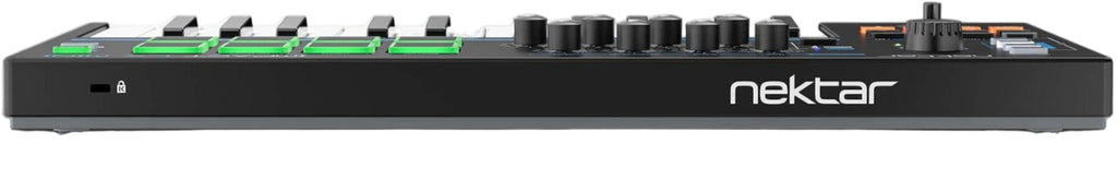 Rear view of Nektar Impact LX Mini MIDI keyboard showing USB port, power input, and control connections.