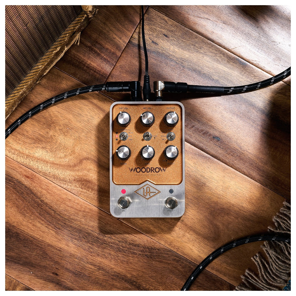 Universal Audio Woodrow '55 instrument amplifier with vintage design and sleek controls, ideal for synth enthusiasts.