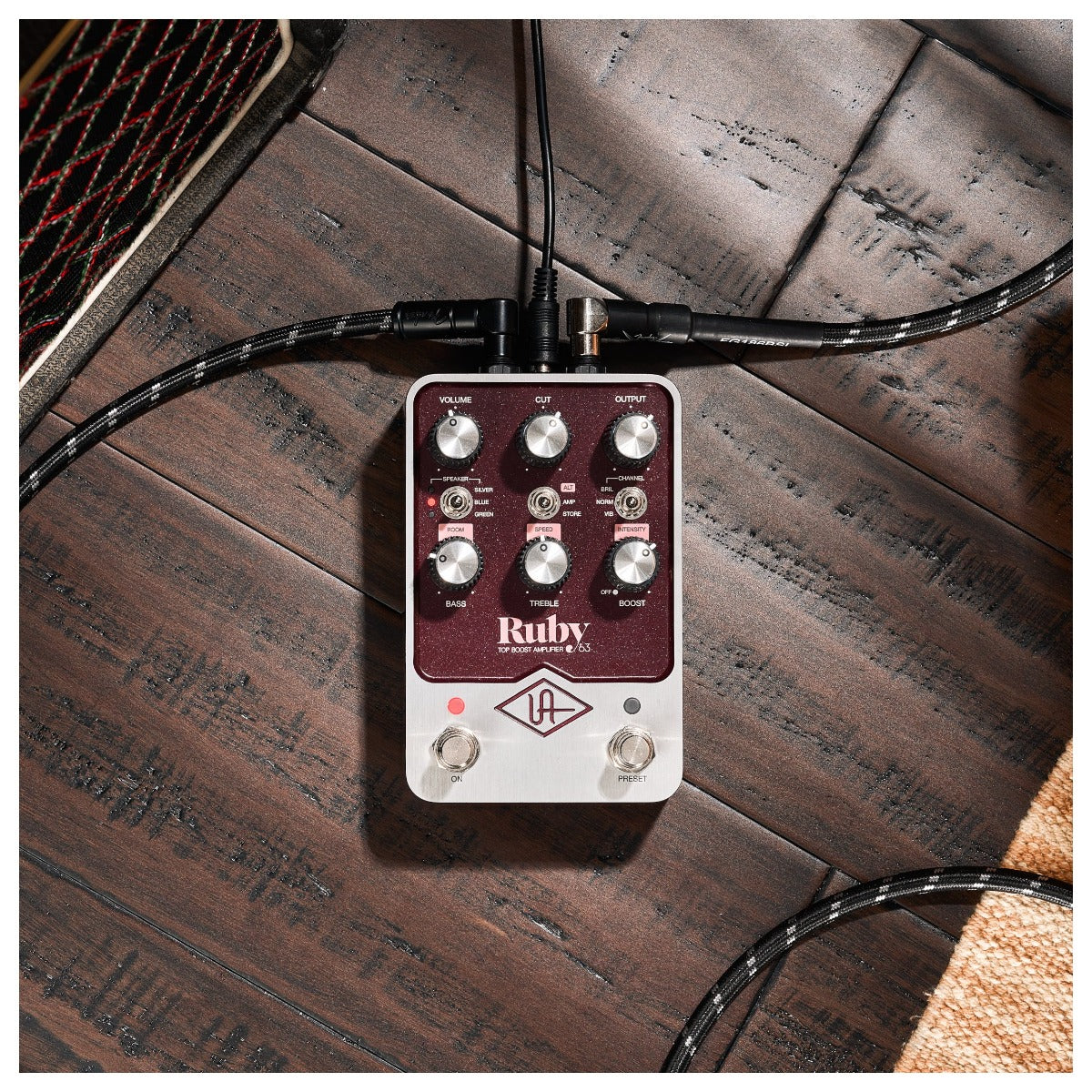 Universal Audio Ruby '63 Top Boost Amplifier pedal with vintage design and control knobs for enhanced sound.