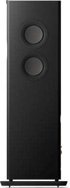 KEF LS60 Wireless floorstanding speakers with sleek black finish and modern design, showcasing their elegant speaker cabinets.