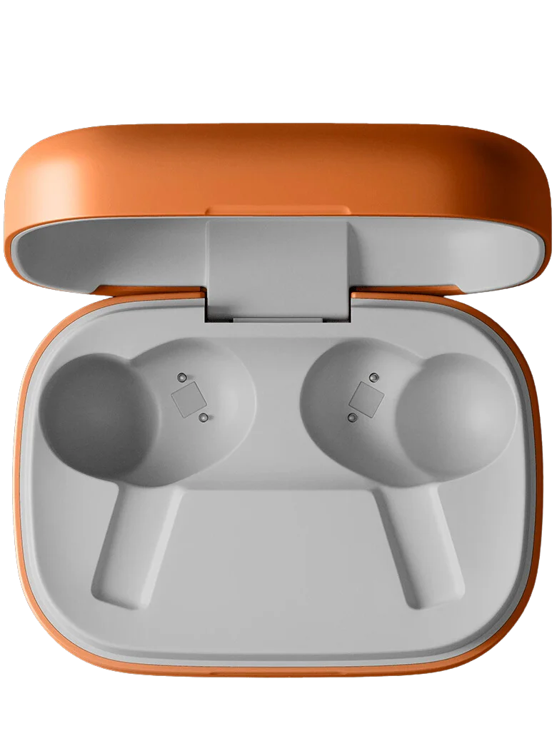Wireless in-ear headphones from Bang & Olufsen Beoplay Eleven with sleek black design, compact earbuds, and charging case.