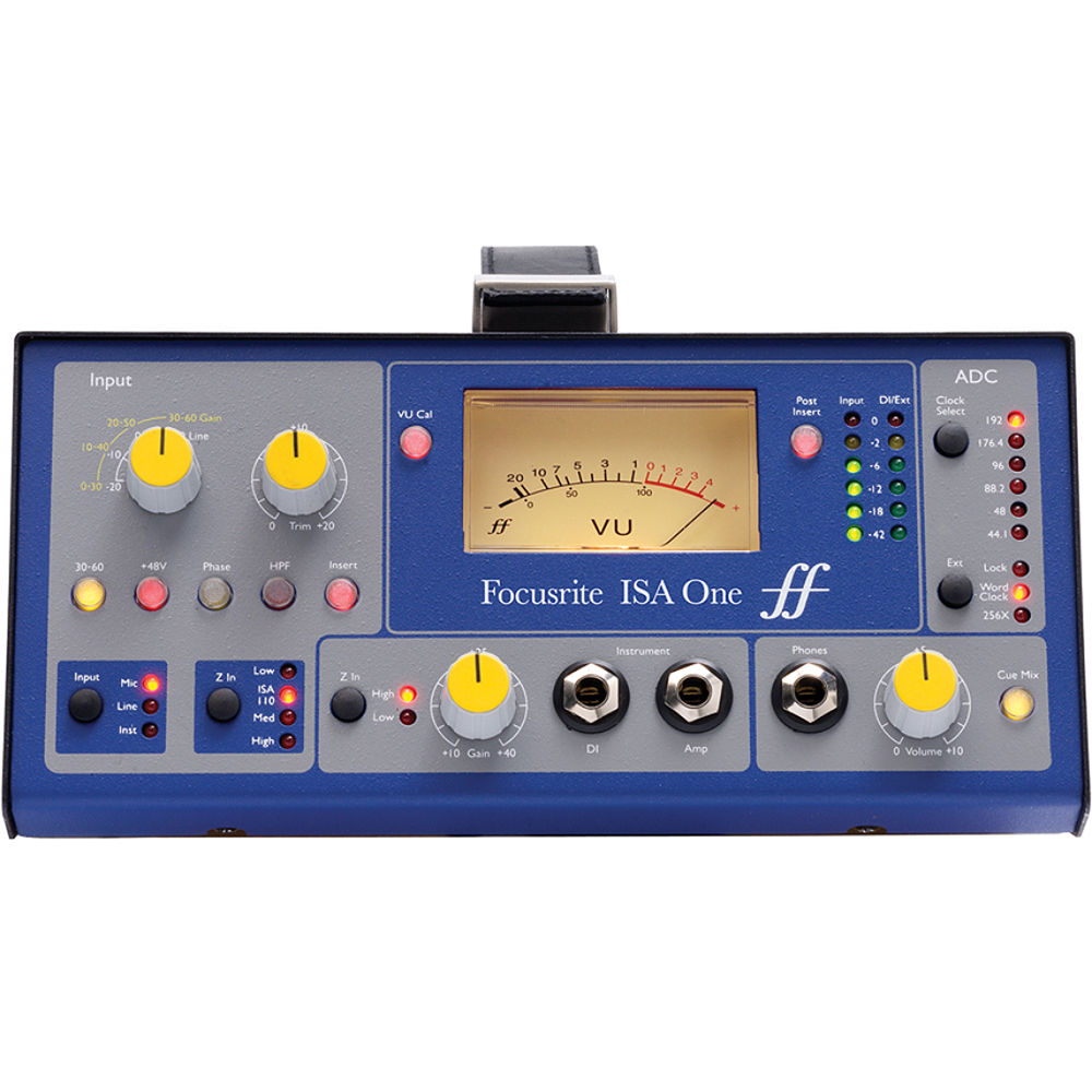 Focusrite ISA One microphone preamp showing front panel with gain control, input, and indicator lights.