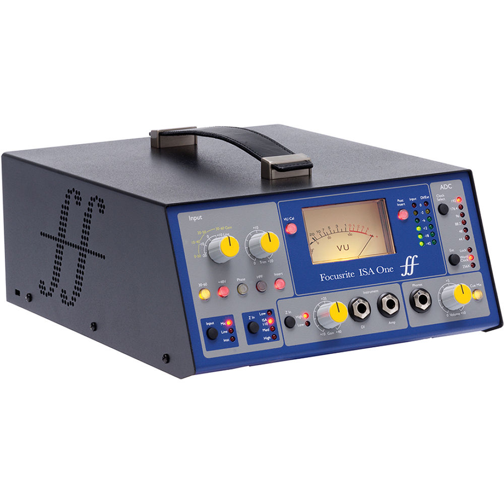 Focusrite ISA One microphone preamp with control knobs and input ports, used for professional audio recording.