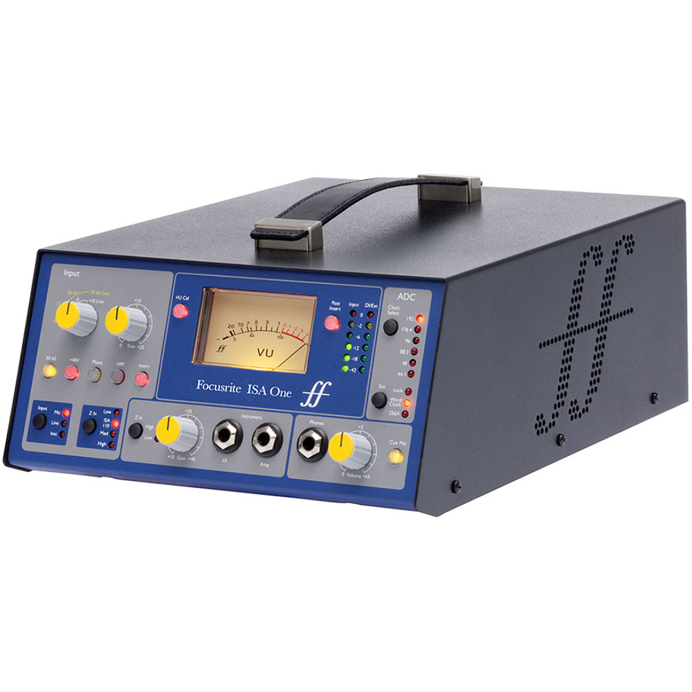 Focusrite ISA One microphone preamp with control knobs and input connections, used for professional audio recording.