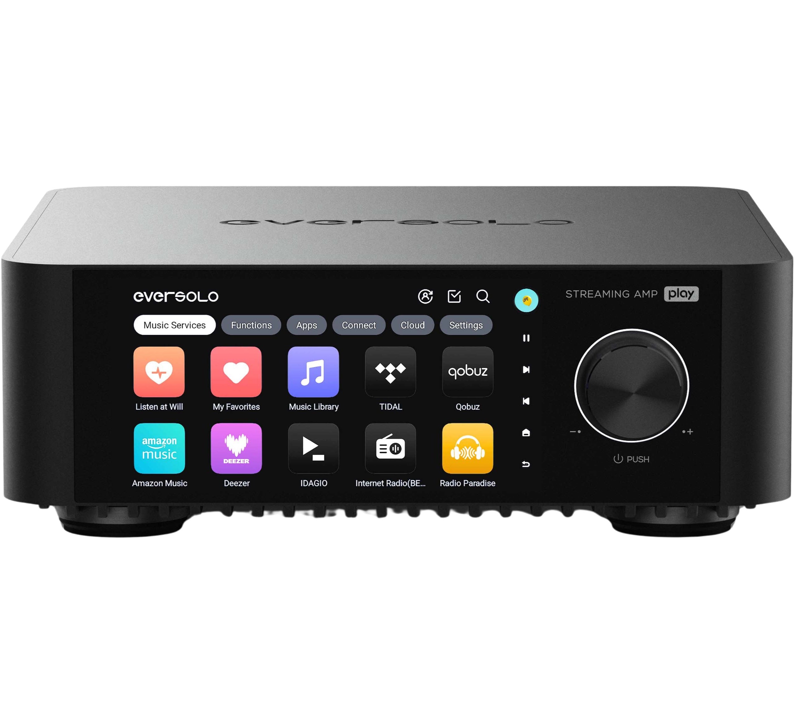 Eversolo Play music streamer with sleek black design, front display, and control buttons for high-quality audio streaming.