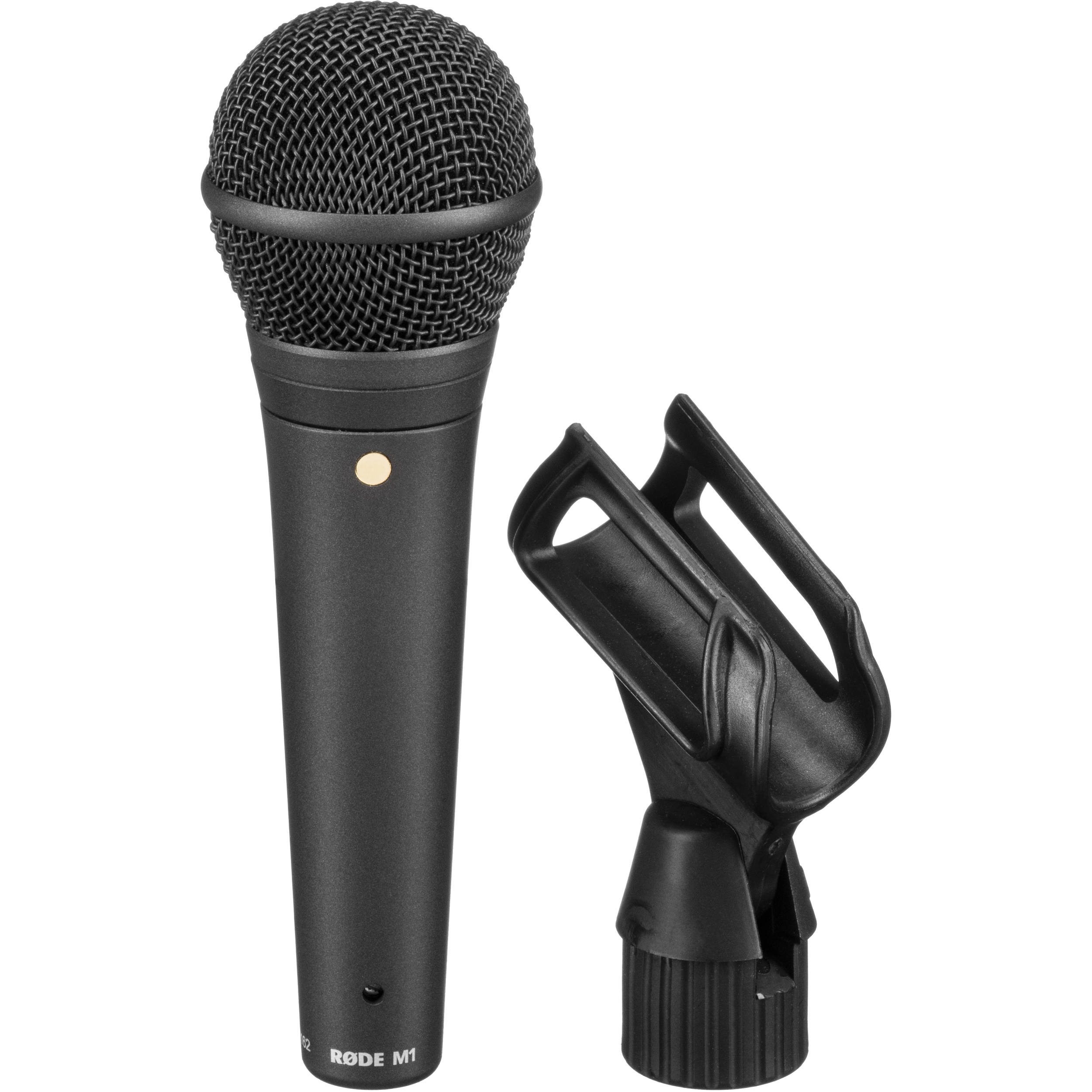 Rode M1 dynamic microphone shown on stand, ideal for live vocal performances, with a black metal body and cardioid pickup pattern.