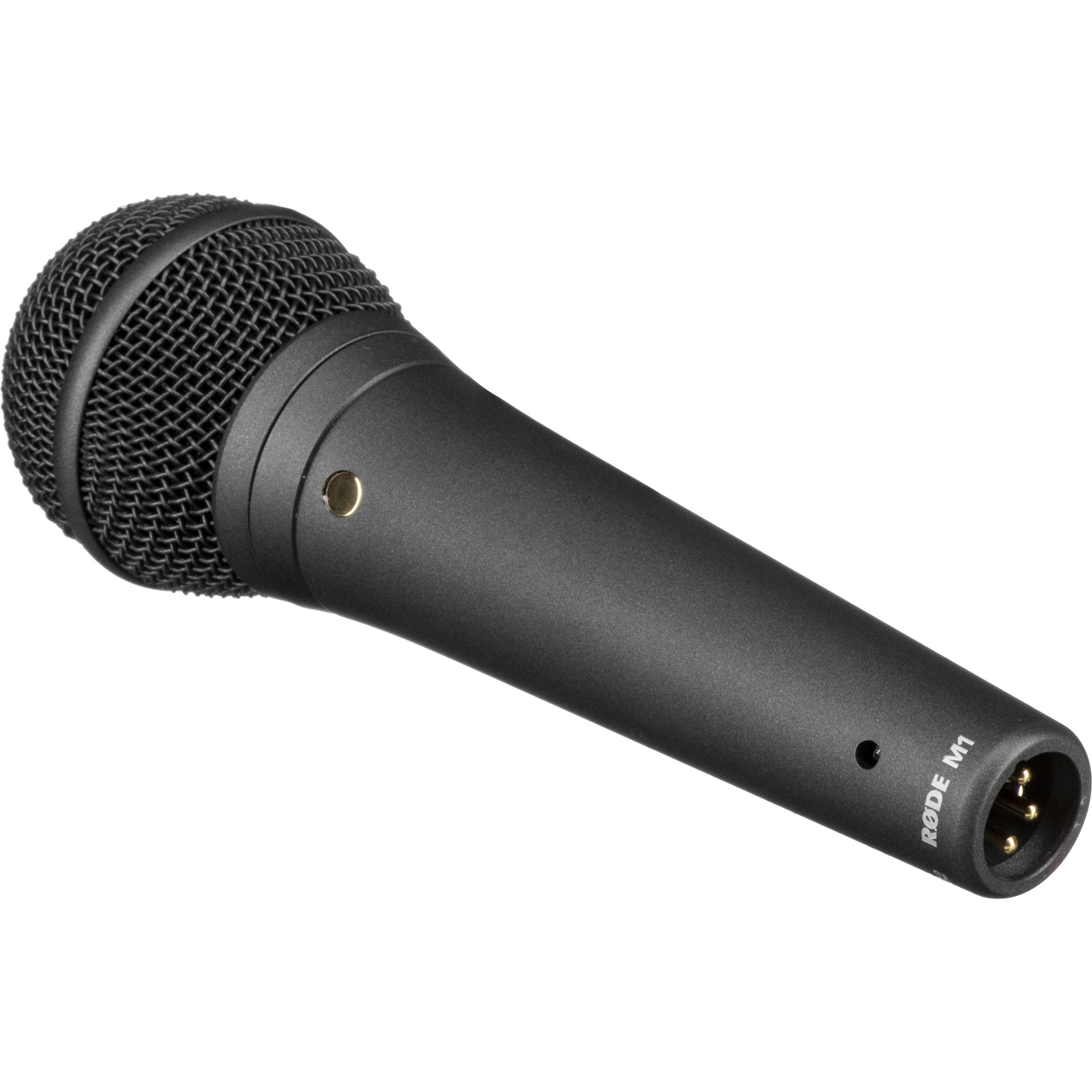 Rode M1 dynamic microphone on a stand, featuring a black body with a silver grille, ideal for live vocal performances.