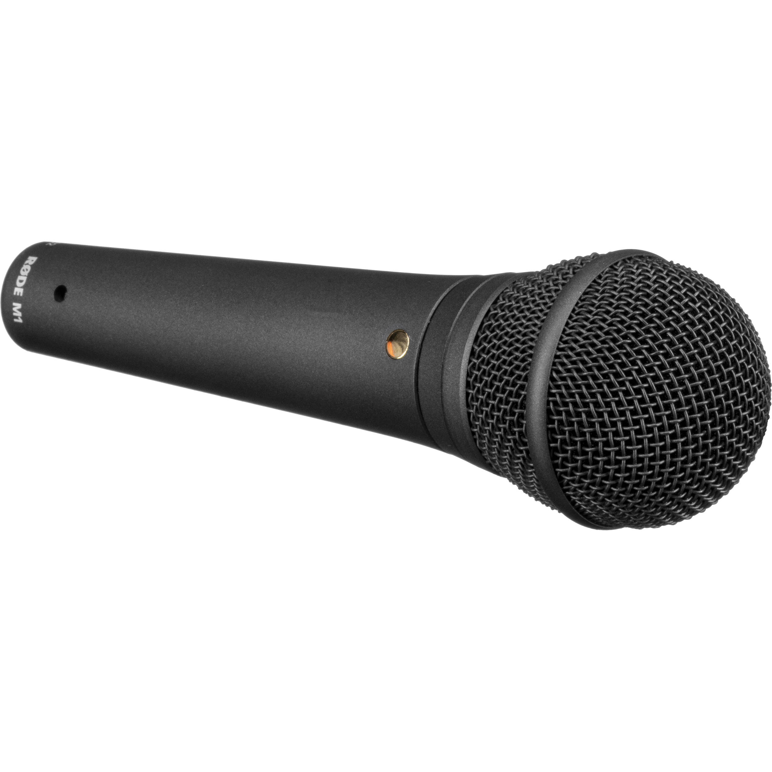 Rode M1 dynamic microphone with a black grille and body, mounted on a stand for vocal or live sound recording.