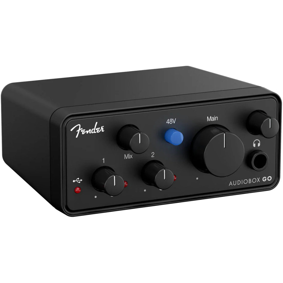 Fender AudioBox GO USB audio interface with input jacks and controls, compact black design for music recording and streaming.