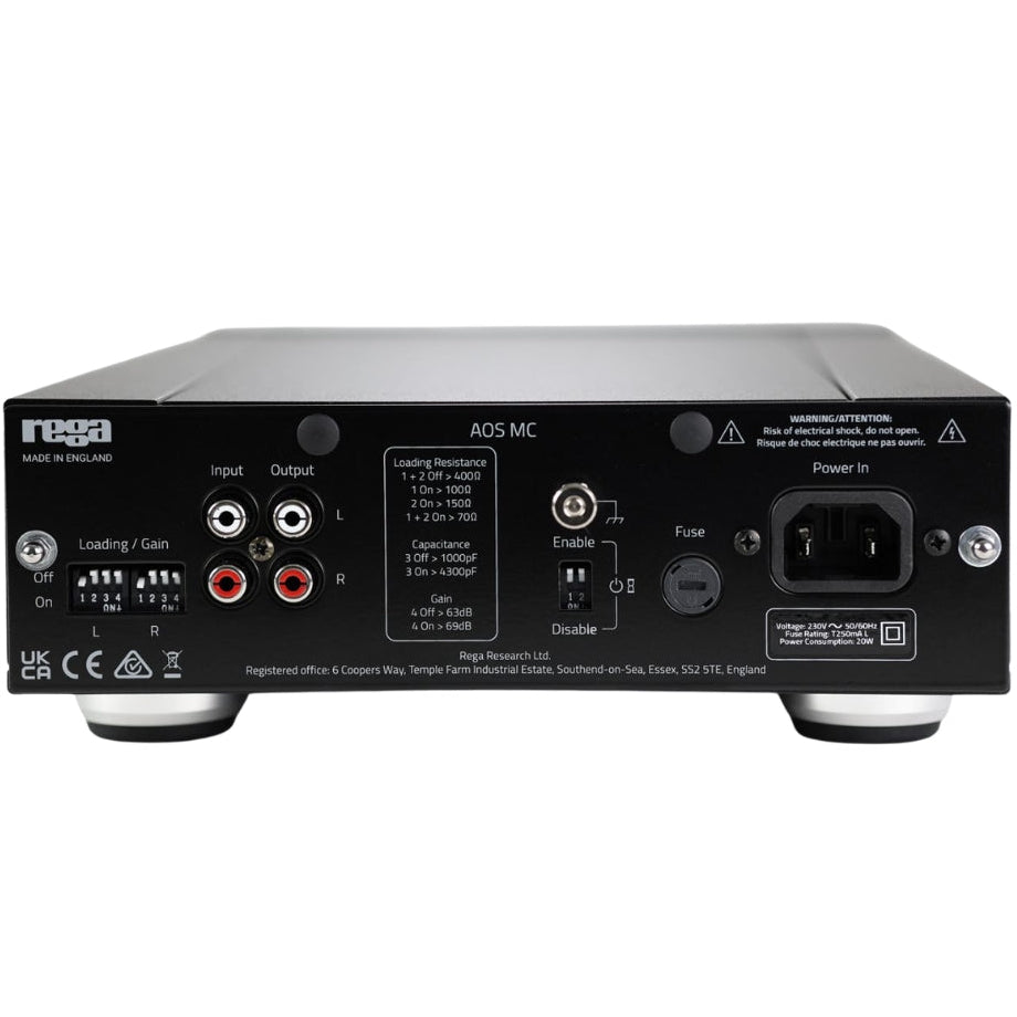 Rega AOS MC phono preamp with sleek black finish and input/output connections visible.