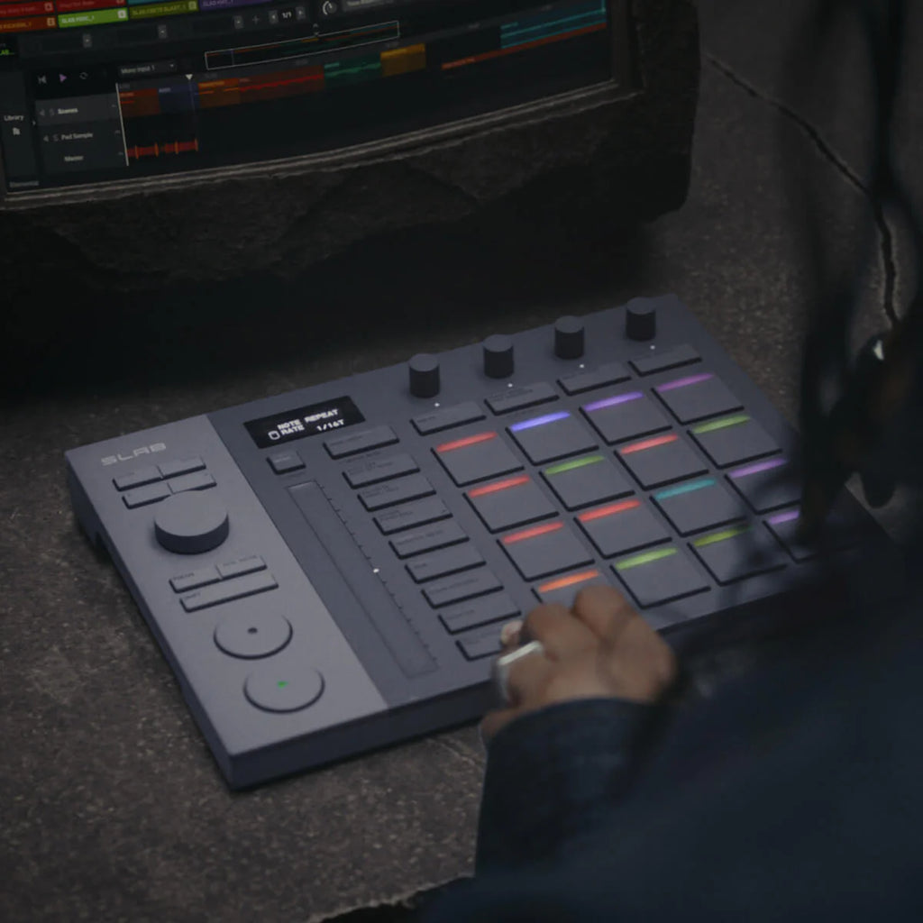 AlphaTheta SLAB MIDI controller with multiple knobs and pads, designed for music production and live performances.