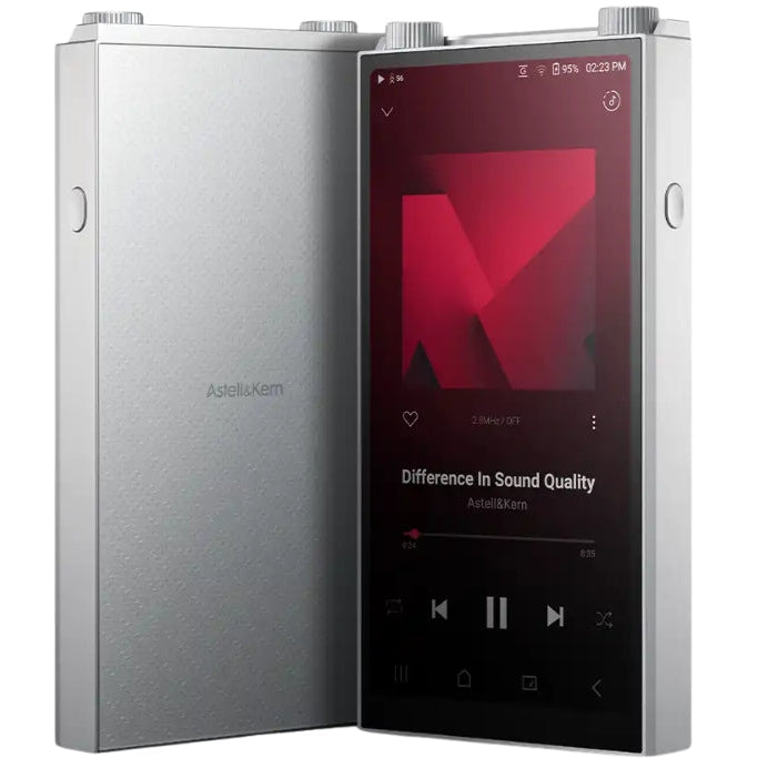 Astell&Kern PD20 portable music player with sleek black design and touchscreen display, showing music controls and interface.