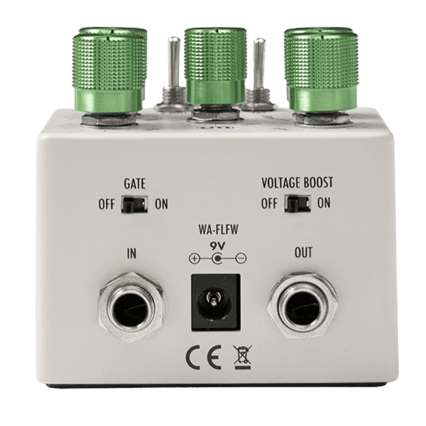 Warm Audio Fluff Drive pedal with control knobs and input/output jacks, showcasing its compact guitar effects design.