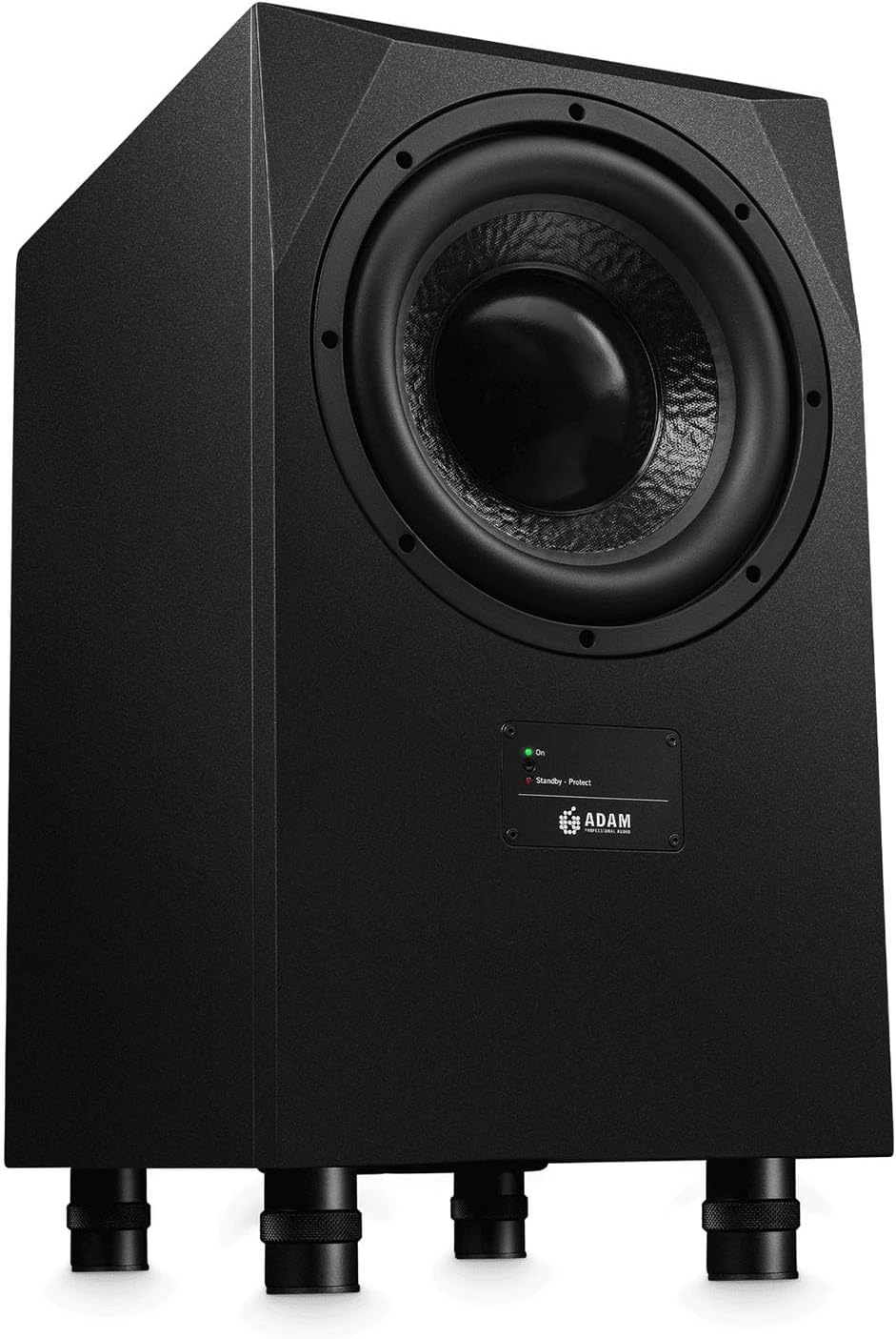 Adam Audio Sub10 MK2 subwoofer showing a black compact design with control panel and speaker grille, ideal for professional audio setups.