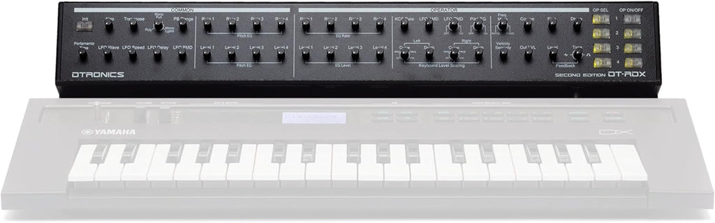 Dtronics DT-RDX-V2 synthesizer with keyboard, control knobs, and display screen, showcasing its electronic interface and layout.