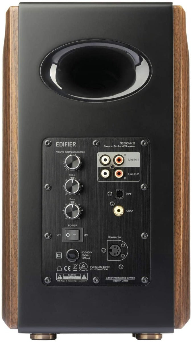 Edifier S2000MKIII desktop speakers with black wooden cabinets and silver speaker grilles, designed for high-quality audio.