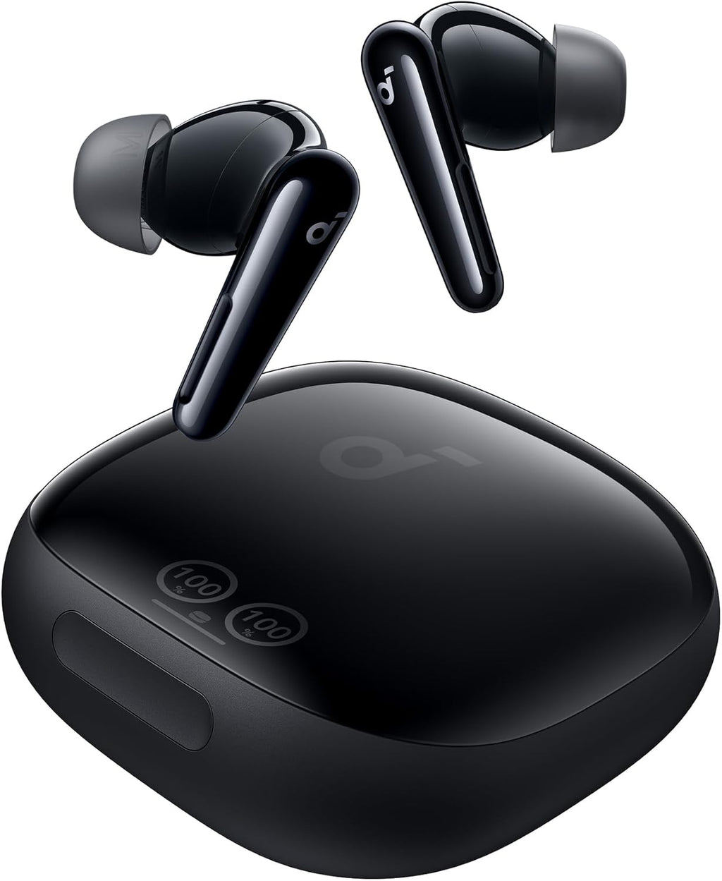 Soundcore Liberty 4 Pro wireless in-ear headphones with black earbuds and charging case, shown on a white background.