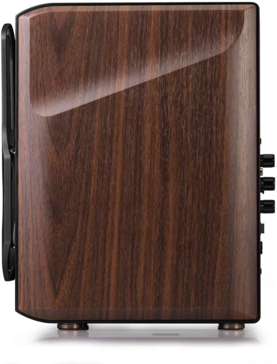 Edifier S2000MKIII desktop speakers with black wood finish and control knobs on the front panel.