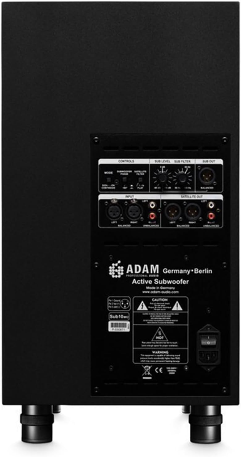 Adam Audio Sub10 MK2 subwoofer showing a black compact design with control knobs and ports on the back panel.