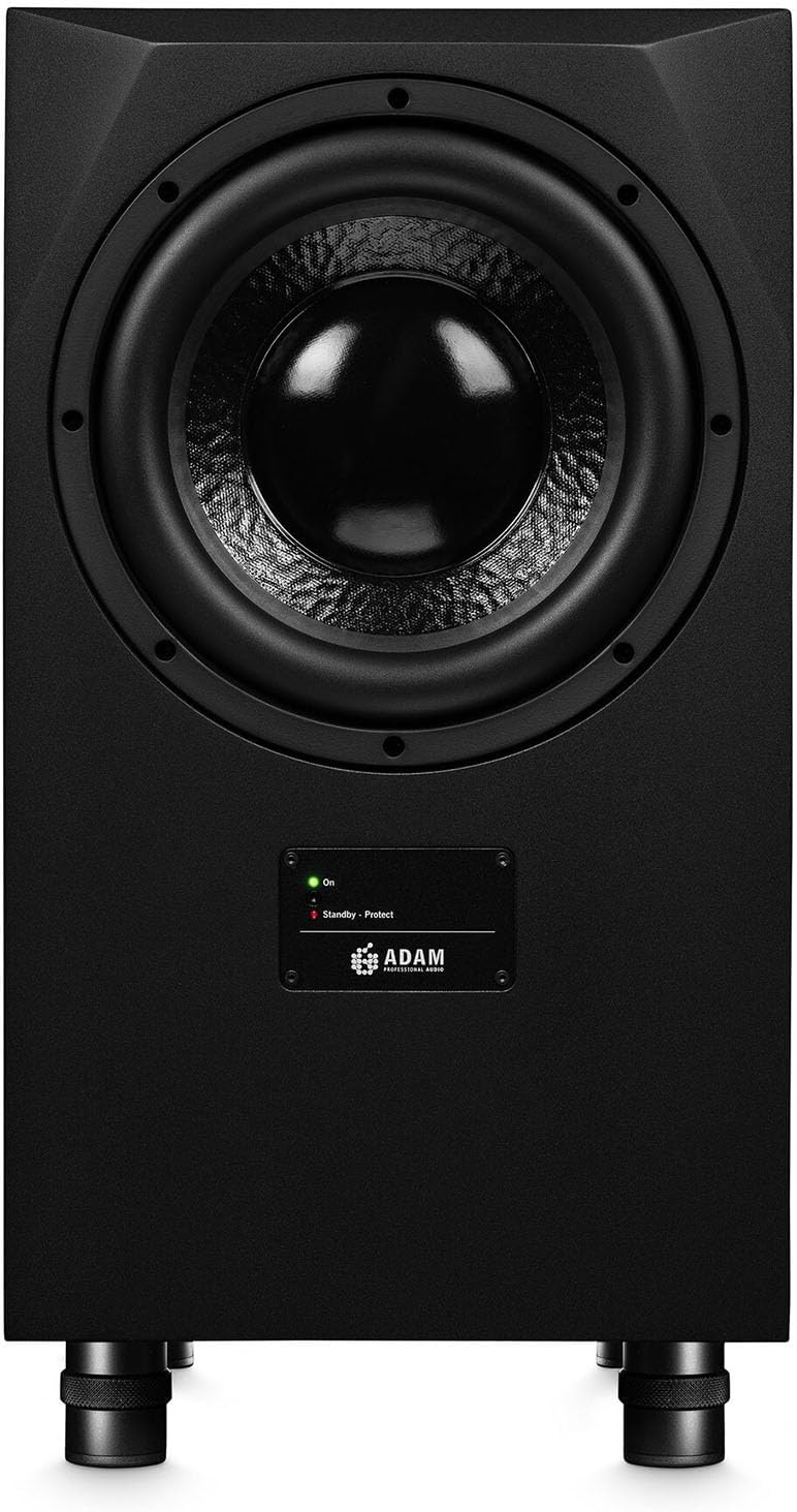 Adam Audio Sub10 MK2 subwoofer with sleek black enclosure and control panel, designed for professional audio monitoring.