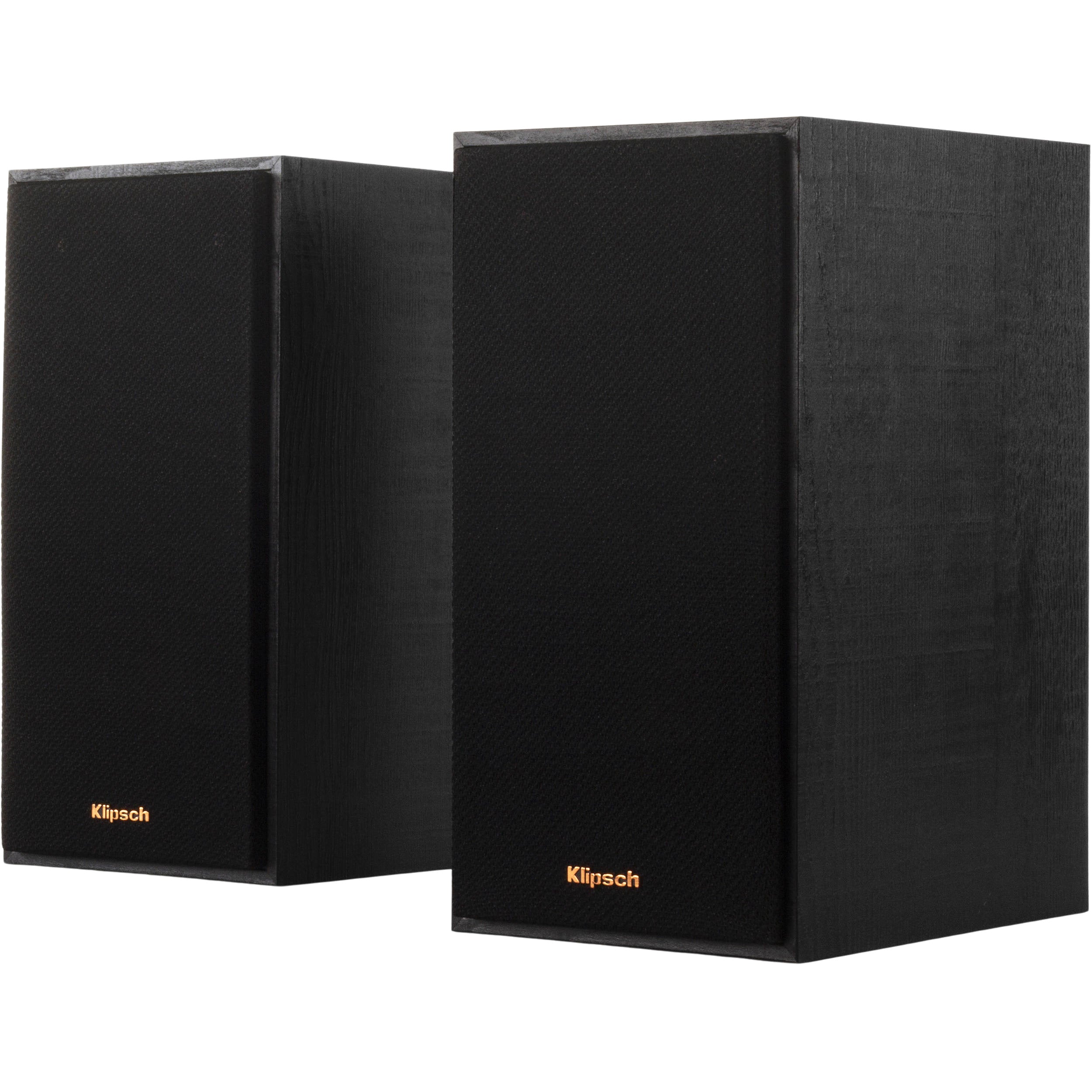 Klipsch R-41PM active bookshelf speakers with wood finish and control knobs, designed for high-quality audio playback.