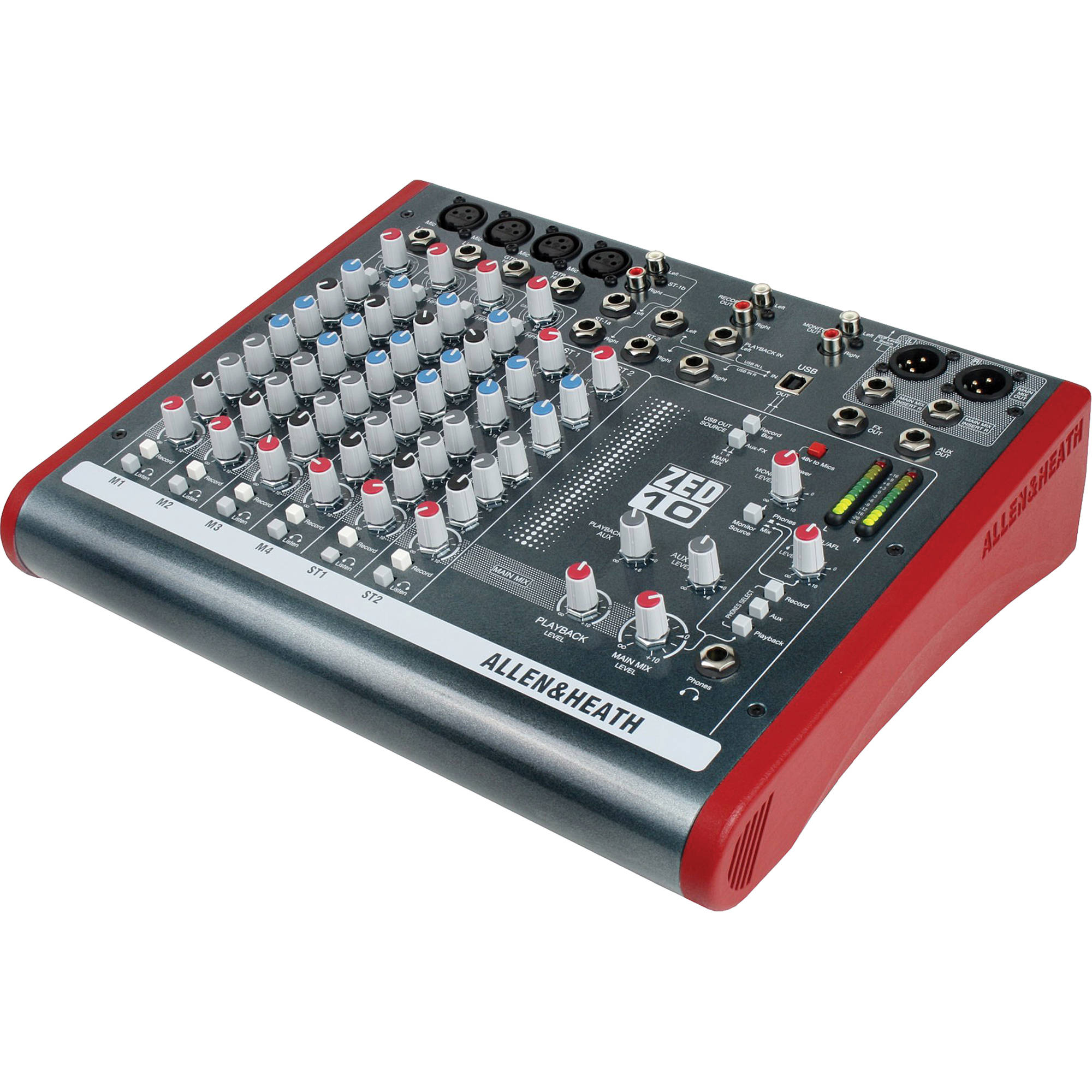 Allen & Heath ZED-10 analog mixer with multiple input channels and control knobs, showing the compact, professional audio interface.