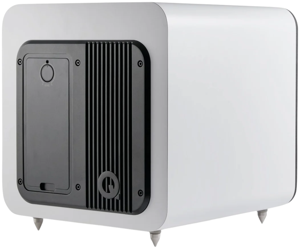 Q Acoustics Q SUB80 subwoofer with a black enclosure and compact design, showcasing its front grille and control panel.