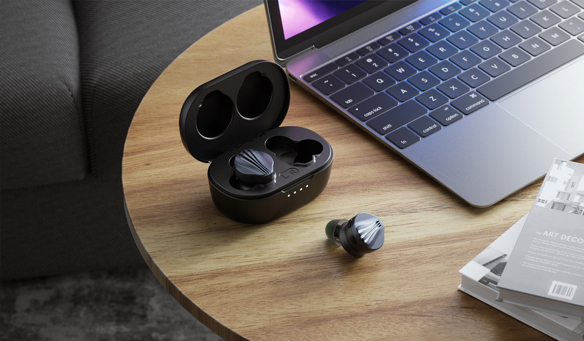 FiiO FW5 wireless in-ear headphones with sleek black earbuds and inline controls, designed for high-quality audio and comfort.