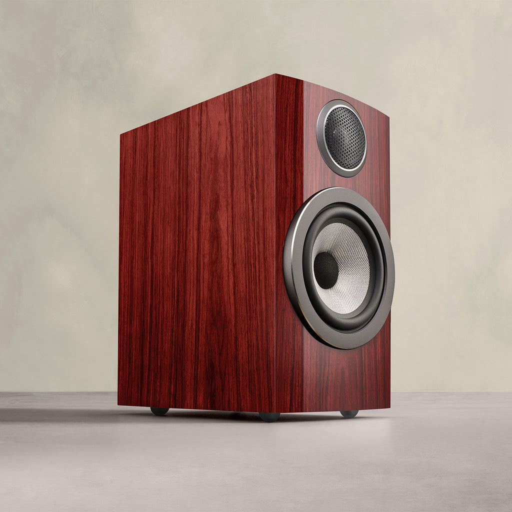 Bowers & Wilkins 707 S3 Prestige passive bookshelf speakers with black finish and sleek design, showing the front grille and drivers.
