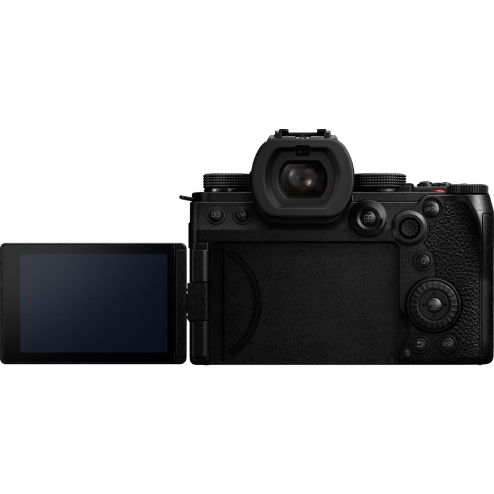 Panasonic Lumix S5M2X video camera with large lens and ergonomic grip, set on a neutral background.