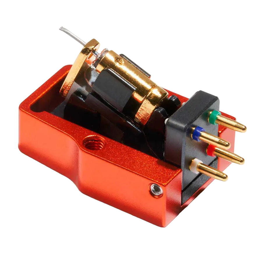 Sumiko Oriole MC phono cartridge mounted on a turntable, showcasing the cartridge's sleek design and stylus tip.