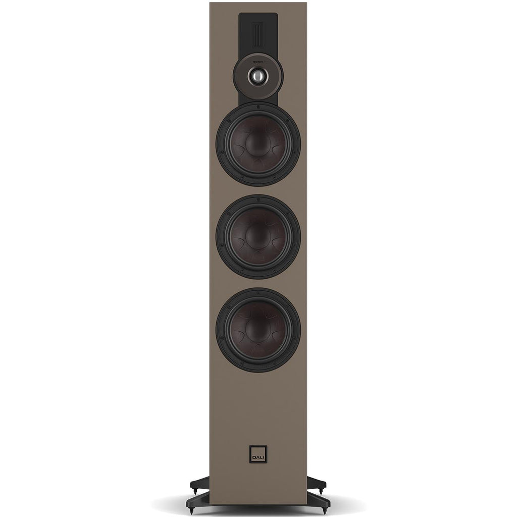 DALI Sonik 9 passive floorstanding speakers with sleek black cabinets and multiple drivers for immersive stereo sound.