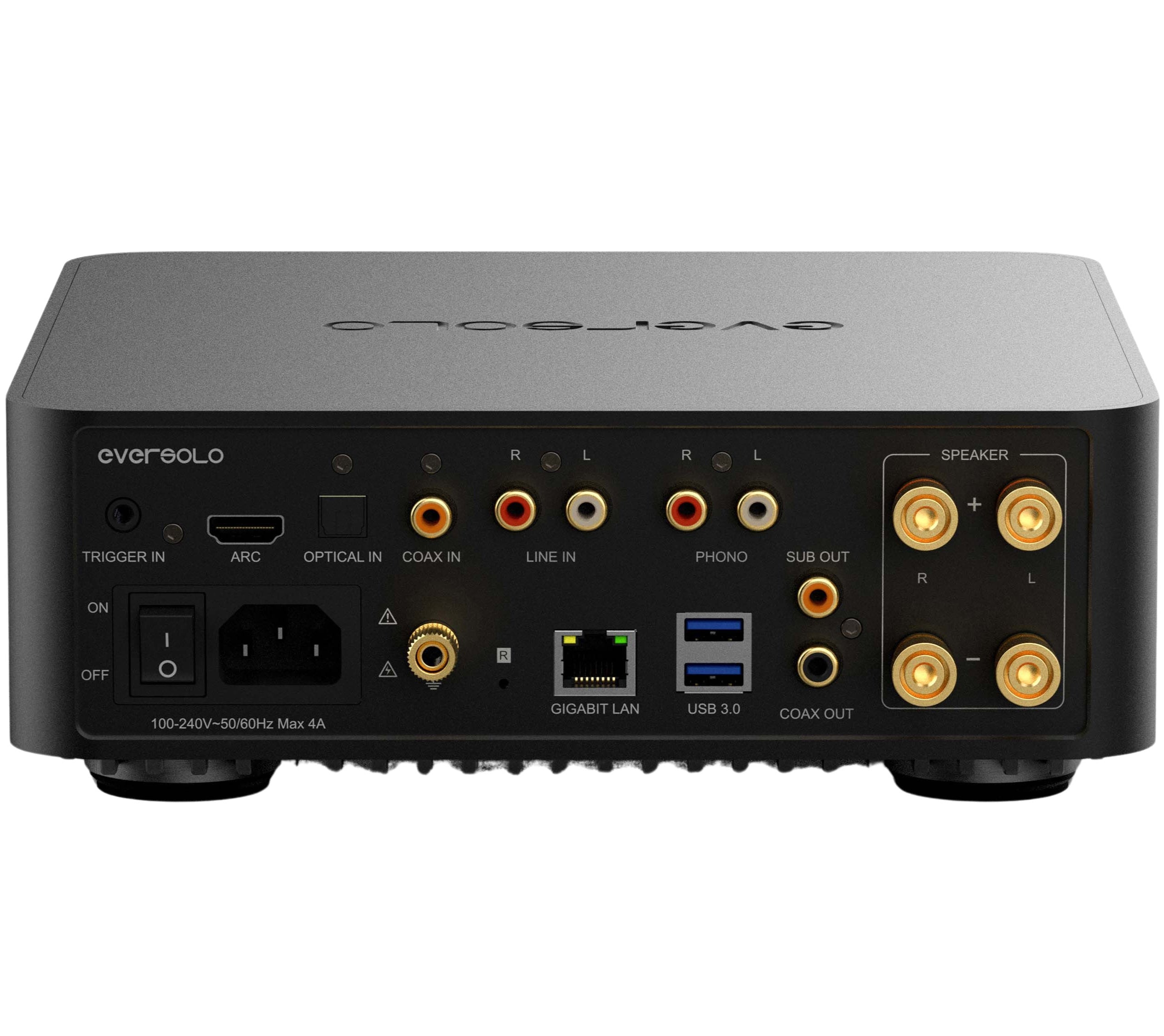 Eversolo Play music streamer device with sleek design, front display, and connectivity ports for high-quality audio streaming.