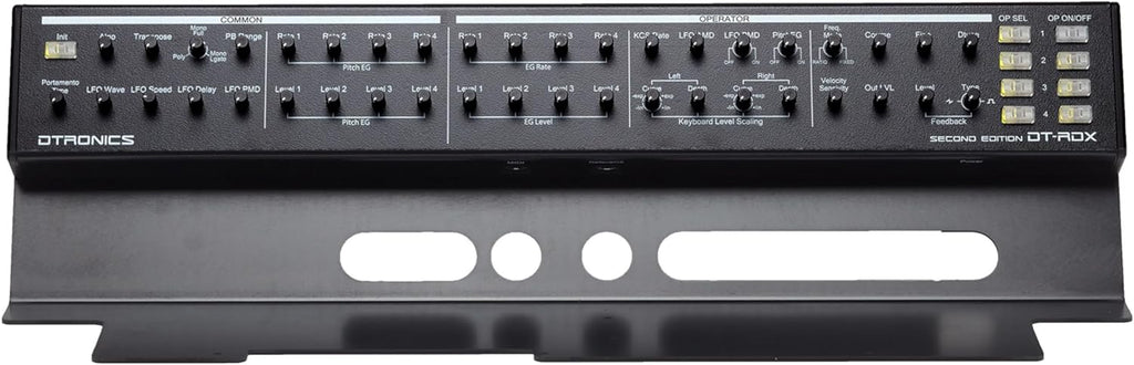 Dtronics DT-RDX-V2 synthesizer with multiple knobs, buttons, and a digital display for music production and sound design.