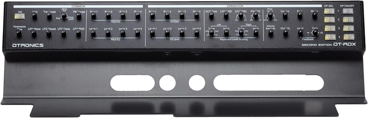 Dtronics DT-RDX-V2 synthesizer with multiple knobs, buttons, and a digital display for music production and sound design.
