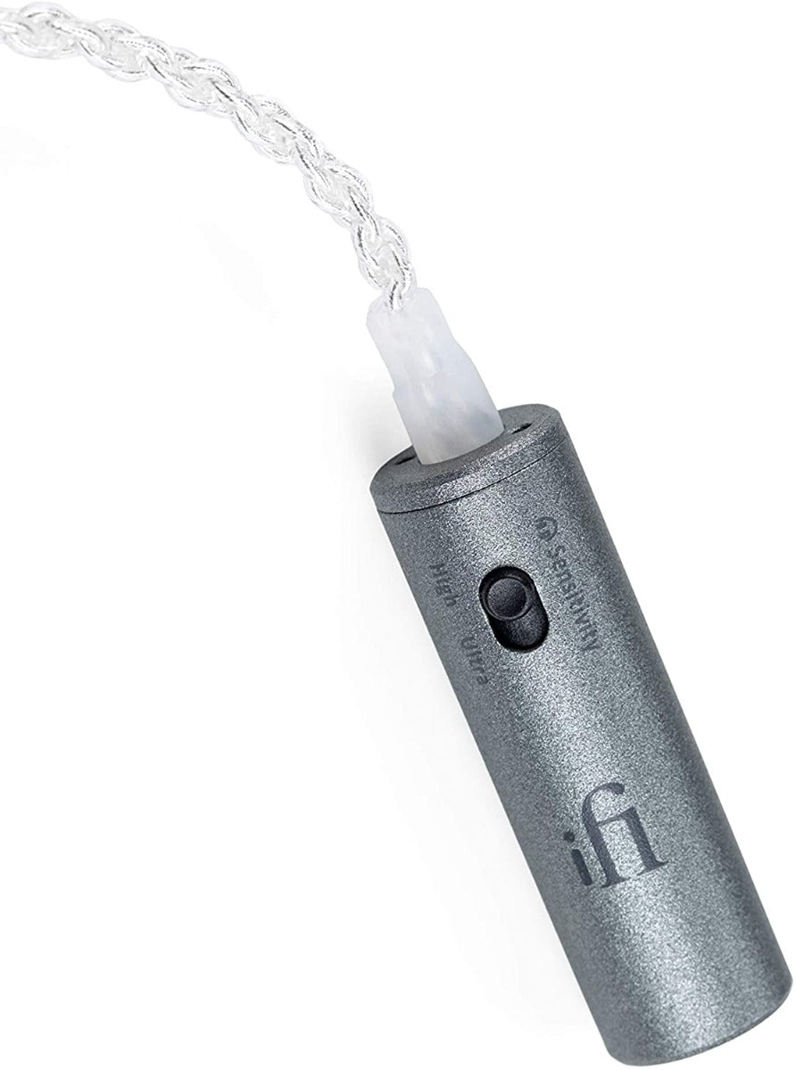 iFi Audio iEMatch+ headphone adapter and splitter device with compact black design and multiple connection ports.